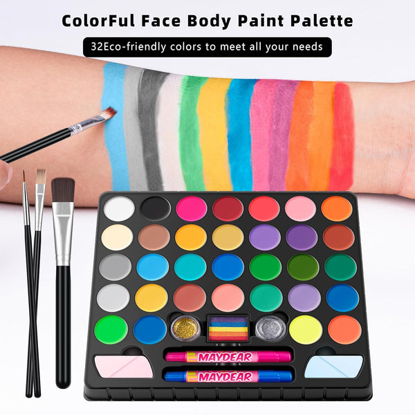 Maydear Face Painting Kit for Kids, 32 Colors Water Based Makeup Palette with Stencils, Glitters, Rainbow Split Cake, Hair Dye Clips, for Parties, Halloween, Safe Professional Face Body Paint Kit