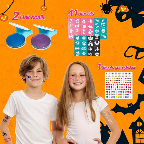 Maydear Face Painting kit for Kids - 20 Colors Water Based Makeup Palette with Stencils, Glitters, Rainbow Split Cake, Hair Dye Clips, for Parties, Halloween, Safe Professional Body & Face Paint kit