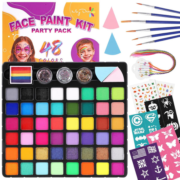 Maydear 48-Color Face Paint Kit for Kids – Washable Makeup with Neon & Metallic Shades, Brushes, Stencils, Rainbow Strip, Hair Extensions & Nail Stickers for Parties & Halloween