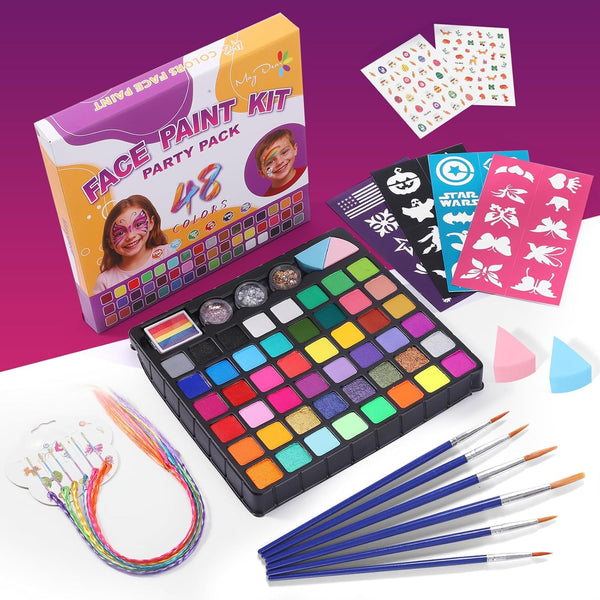 Maydear 48-Color Face Paint Kit for Kids – Washable Makeup with Neon & Metallic Shades, Brushes, Stencils, Rainbow Strip, Hair Extensions & Nail Stickers for Parties & Halloween