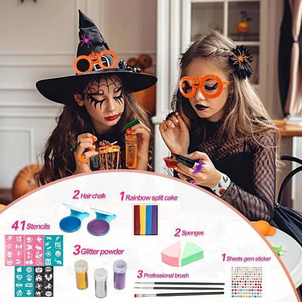 Maydear Face Painting kit for Kids - 20 Colors Water Based Makeup Palette with Stencils, Glitters, Rainbow Split Cake, Hair Dye Clips, for Parties, Halloween, Safe Professional Body & Face Paint kit