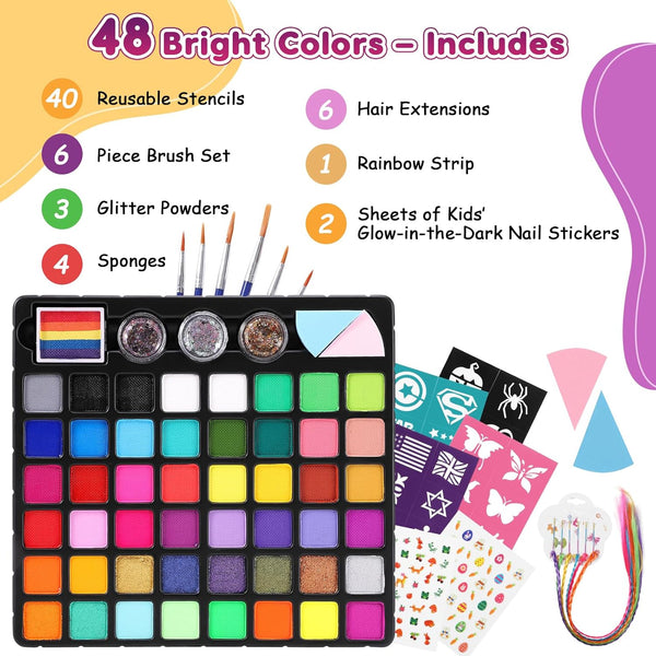 Maydear 48-Color Face Paint Kit for Kids – Washable Makeup with Neon & Metallic Shades, Brushes, Stencils, Rainbow Strip, Hair Extensions & Nail Stickers for Parties & Halloween