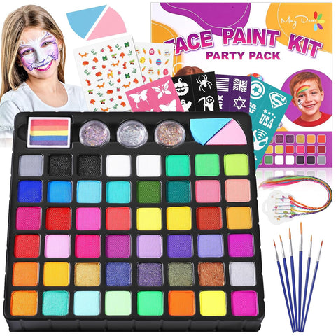 Maydear 48-Color Face Paint Kit for Kids – Washable Makeup with Neon & Metallic Shades, Brushes, Stencils, Rainbow Strip, Hair Extensions & Nail Stickers for Parties & Halloween