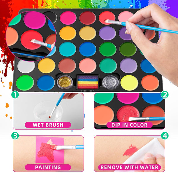 Maydear Face Painting Kit for Kids, 32 Colors Water Based Makeup Palette with Stencils, Glitters, Rainbow Split Cake, Hair Dye Clips, for Parties, Halloween, Safe Professional Face Body Paint Kit
