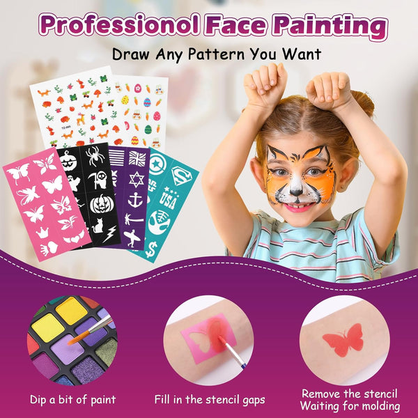 Maydear 48-Color Face Paint Kit for Kids – Washable Makeup with Neon & Metallic Shades, Brushes, Stencils, Rainbow Strip, Hair Extensions & Nail Stickers for Parties & Halloween