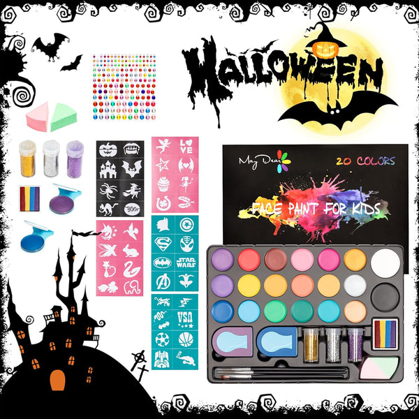 Maydear Face Painting kit for Kids - 20 Colors Water Based Makeup Palette with Stencils, Glitters, Rainbow Split Cake, Hair Dye Clips, for Parties, Halloween, Safe Professional Body & Face Paint kit