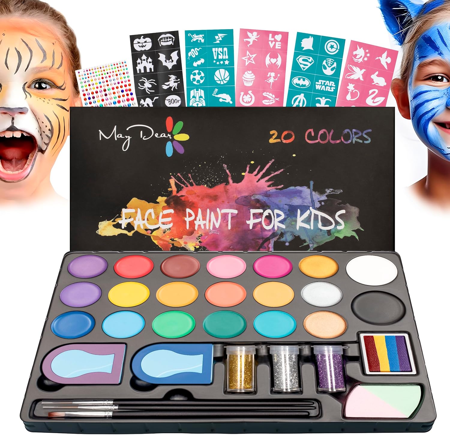 Maydear Face Painting kit for Kids - 20 Colors Water Based Makeup Palette with Stencils, Glitters, Rainbow Split Cake, Hair Dye Clips, for Parties, Halloween, Safe Professional Body & Face Paint kit