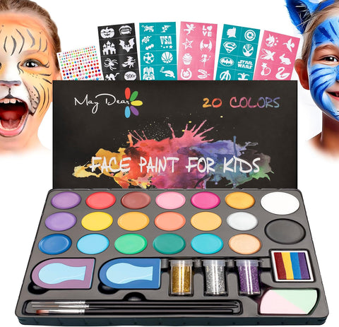 Maydear Face Painting kit for Kids - 20 Colors Water Based Makeup Palette with Stencils, Glitters, Rainbow Split Cake, Hair Dye Clips, for Parties, Halloween, Safe Professional Body & Face Paint kit